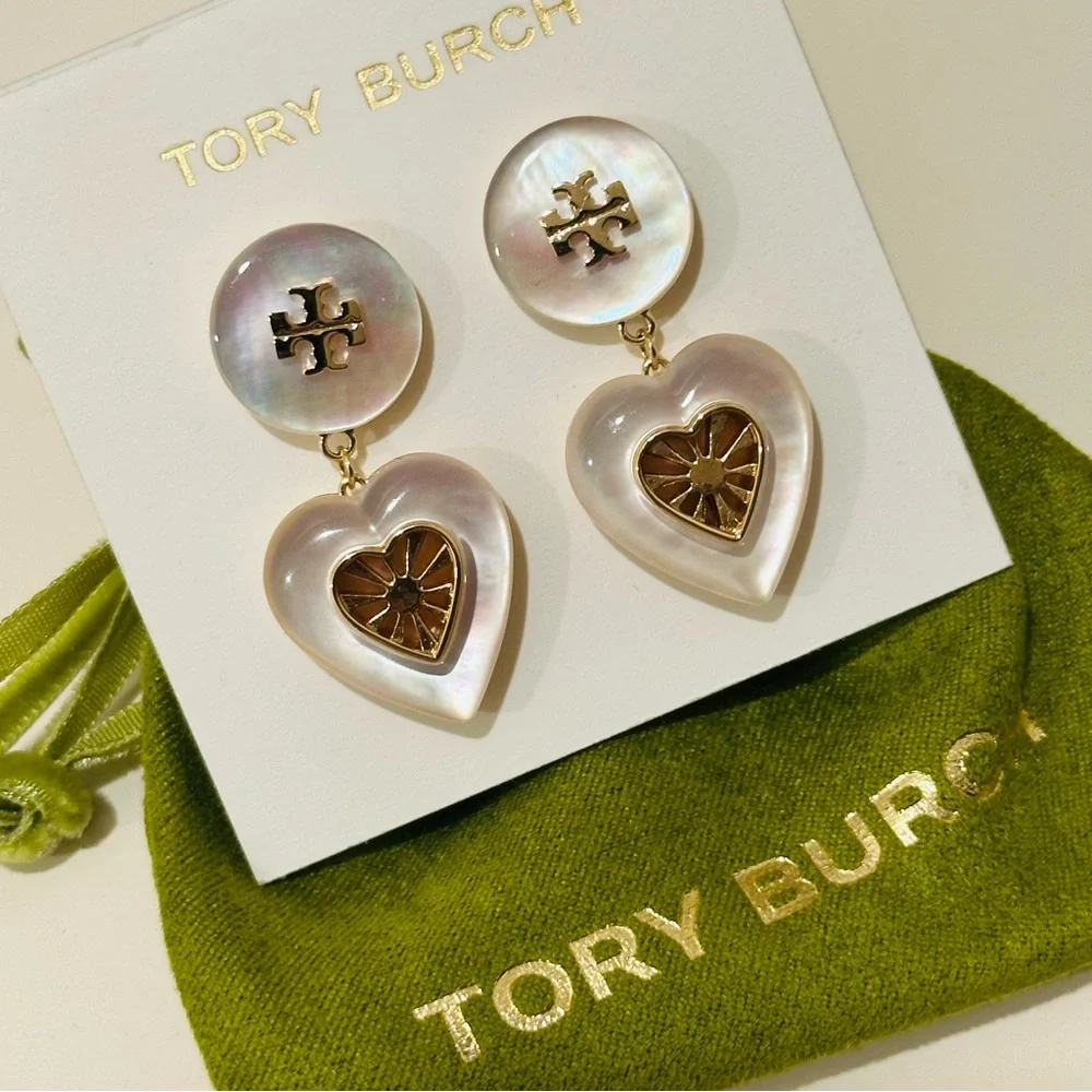 NWT Tory Burch Celestial Heart Shape Mother Of Pearl Drop Earring - Picture 8 of 8